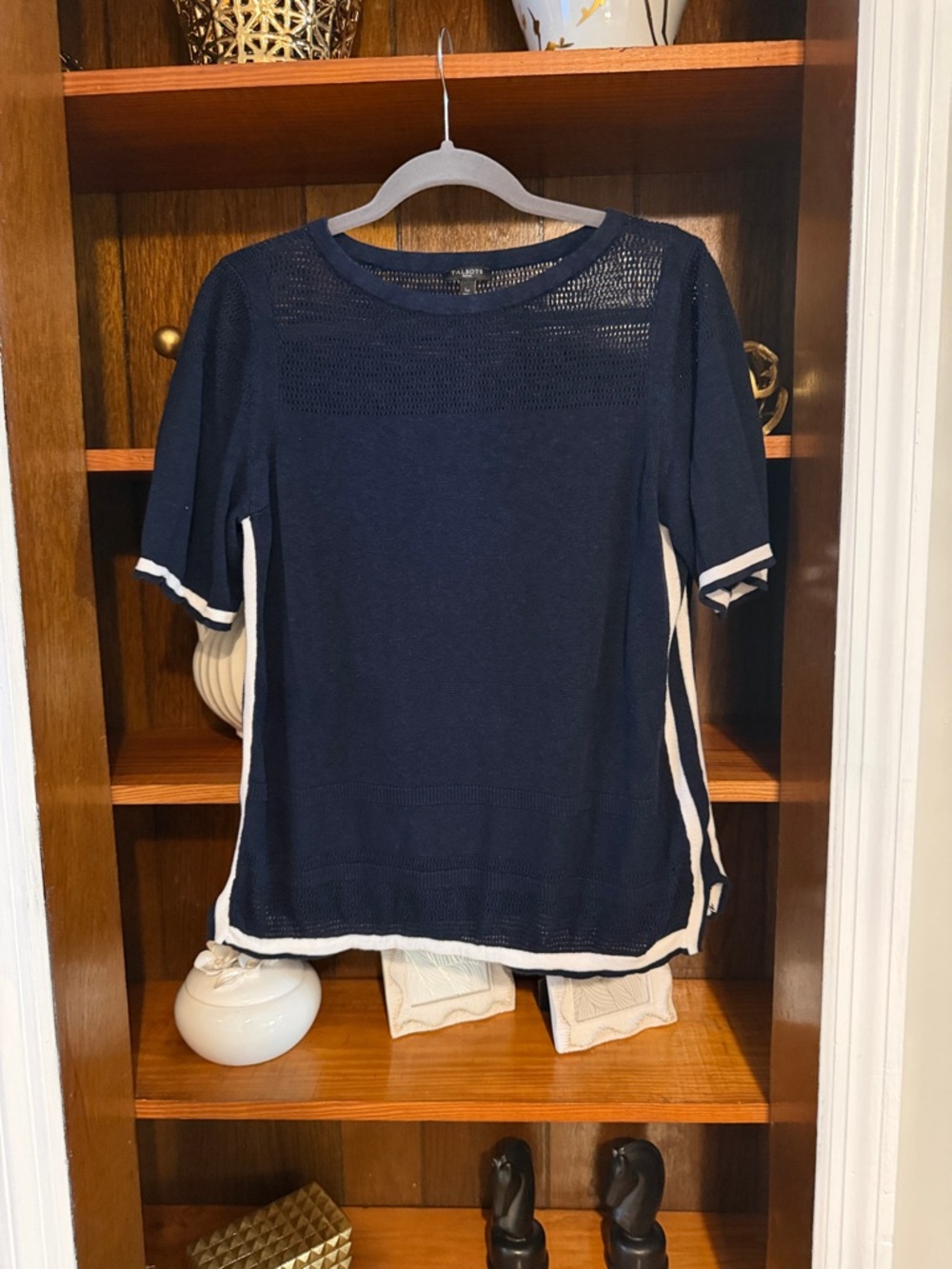 Talbots Navy Short-Sleeve Knit Top with White Side and Sleeve Stripes